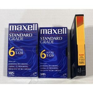 4 Blank VCR Tapes -2‎ Sealed MAXELL T-120 6 Hour Standard Grade 2 Open 1 KODAK